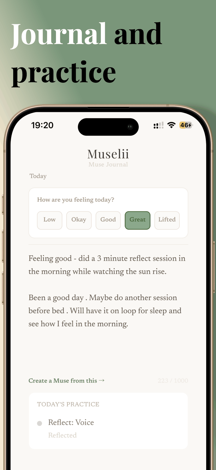 Log your mood, write a note, and create a muse from it